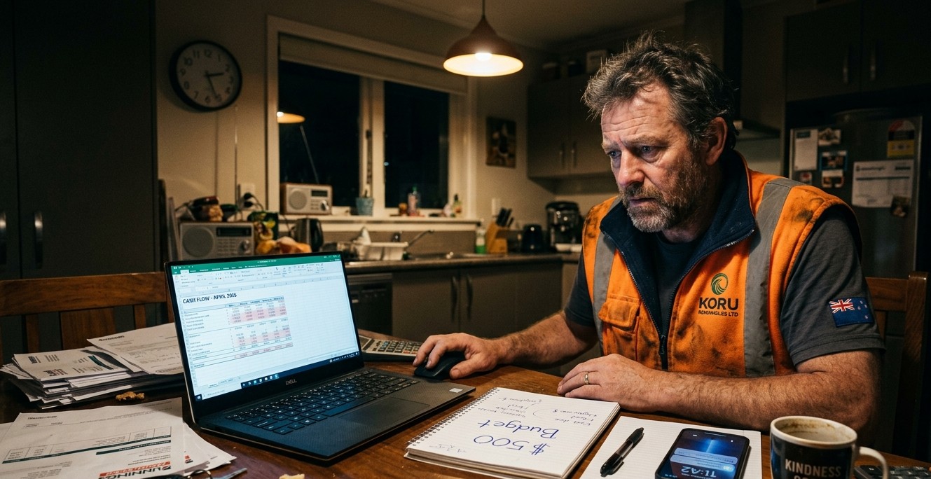 A stressed business owner looking at a budget