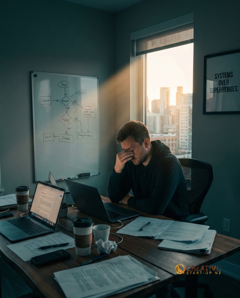A stressed business owner looking at a laptop